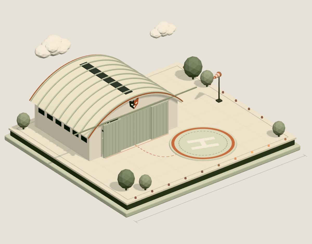 Scale model of the Wolfskycloud hangar and its helicopter landing pad.